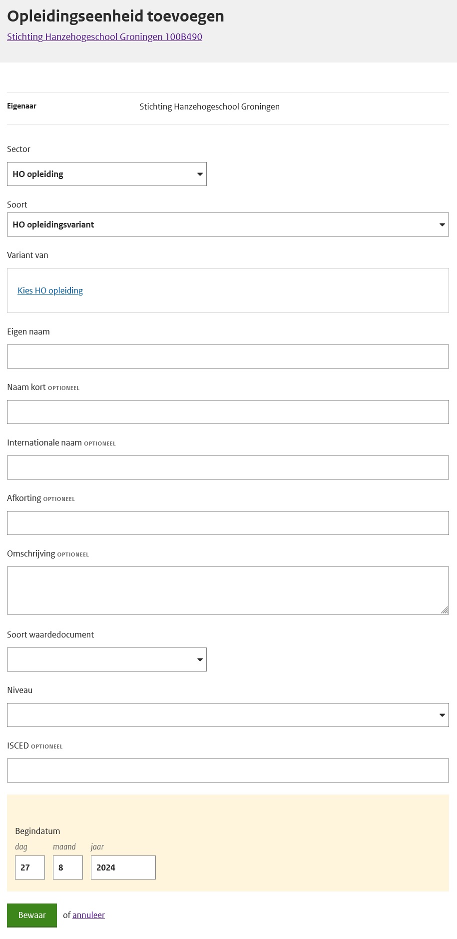 [JPEG] Detailscherm registreren ho-opleidingsvariant