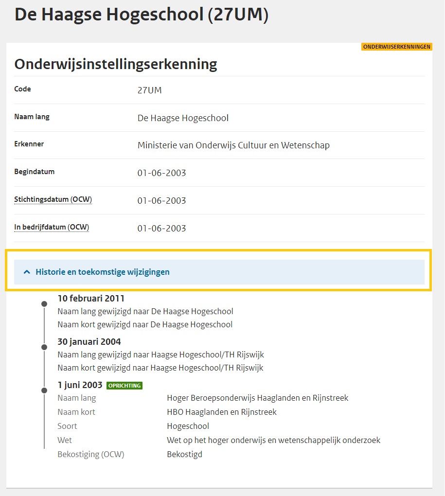 JPG Detailscherm Historische wijzigingen vanuit onderwijsinstellingserkenning HO