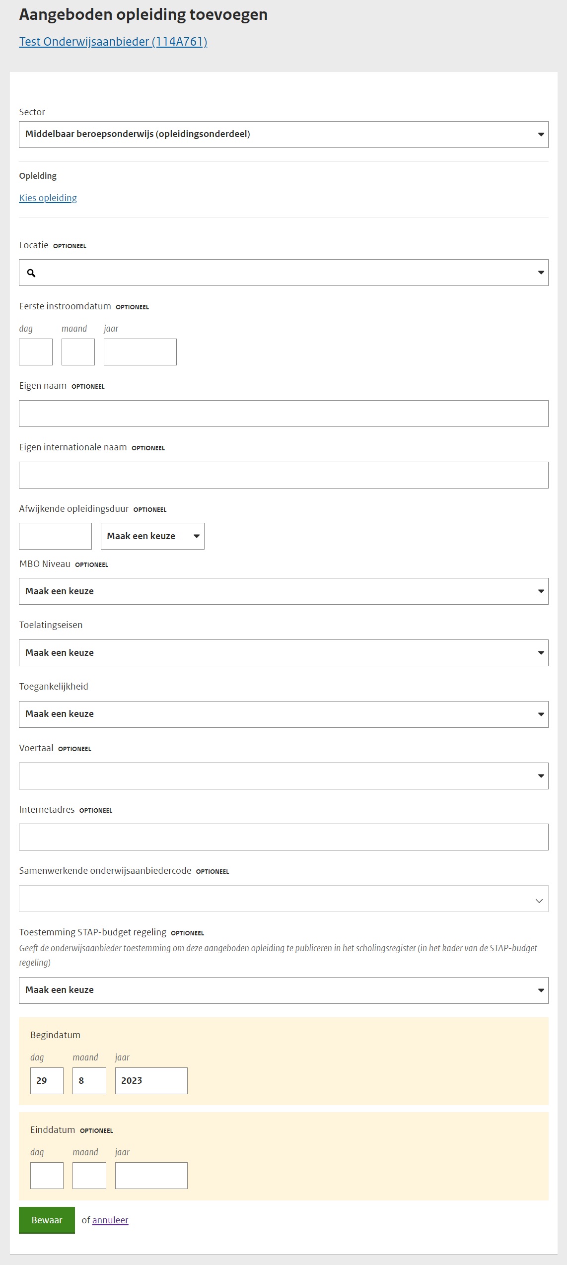 JPG Detailscherm registreren aangeboden MBO opleidingsonderdeel