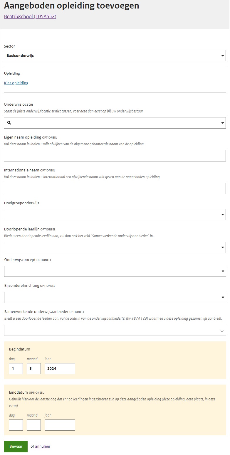 JPG Detailscherm Registreren aangeboden opleiding basisschool PO