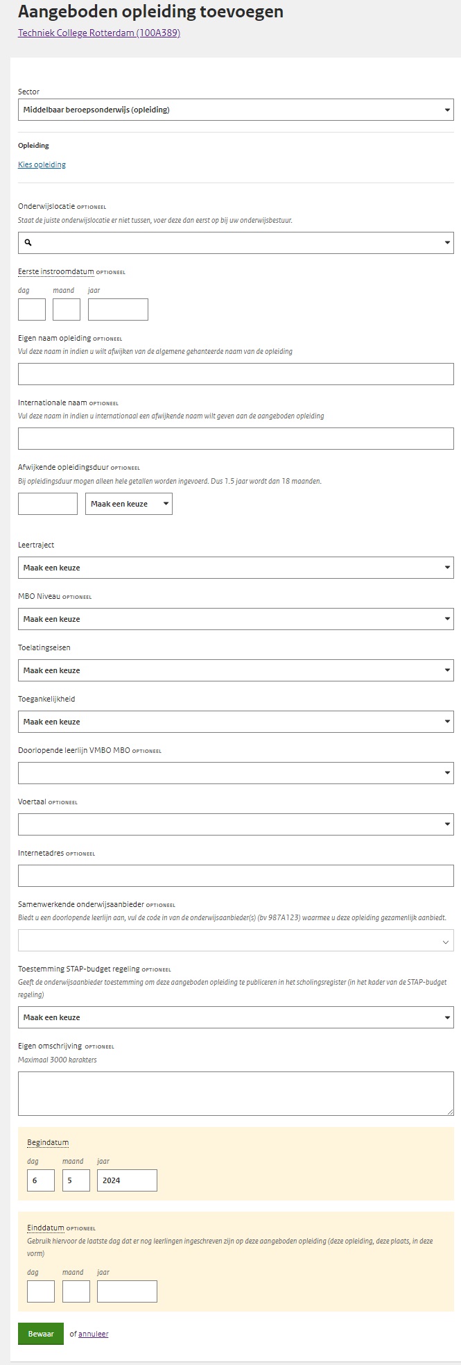 JPG Detailscherm toevoegen aangeboden opleiding MBO