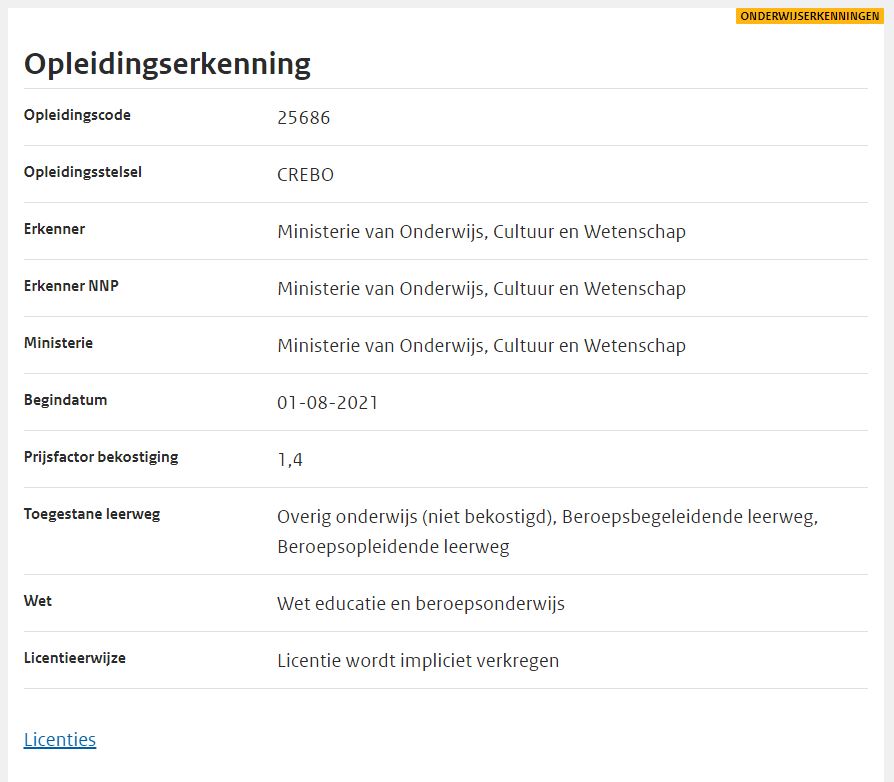 JPG Detailscherm zoekopdracht instellingsnummer opleidingserkenning