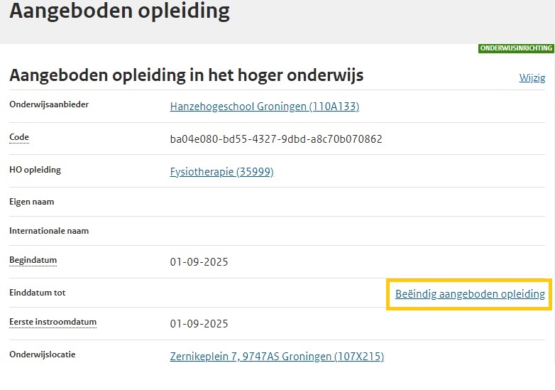 JPG Klik op beëindigen aangeboden opleiding in aangeboden opleiding HO