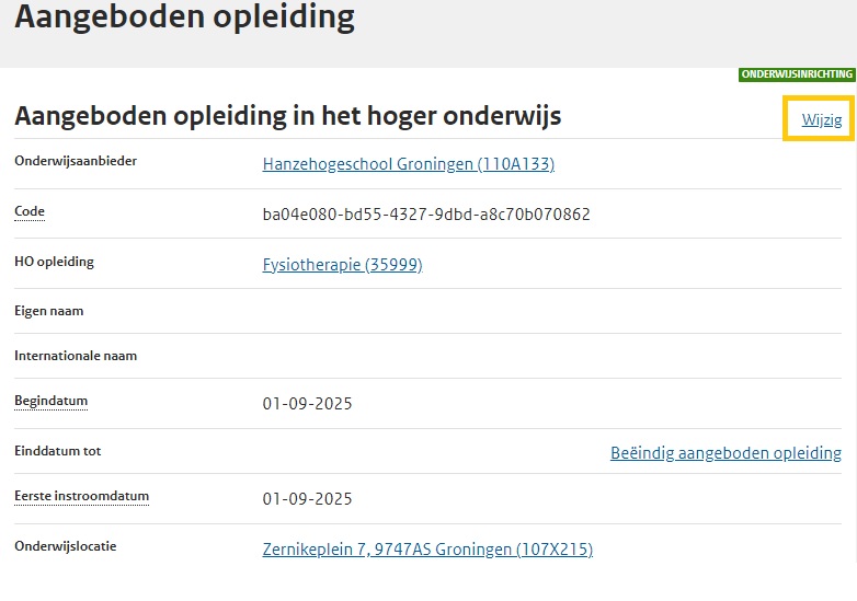 JPG Klik op wijzig in aangeboden opleiding HO
