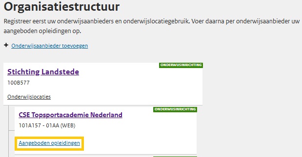 JPG Scherm selecteer aangeboden opleidingen vanuit organisatiestructuur MBO