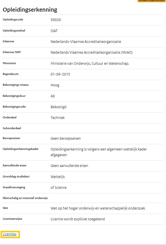JPG Scherm selecteer licenties in opleidingserkenning ho