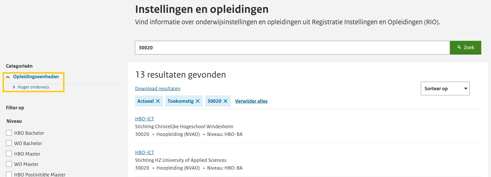 JPG Scherm zoeken erkende opleiding met filters HO