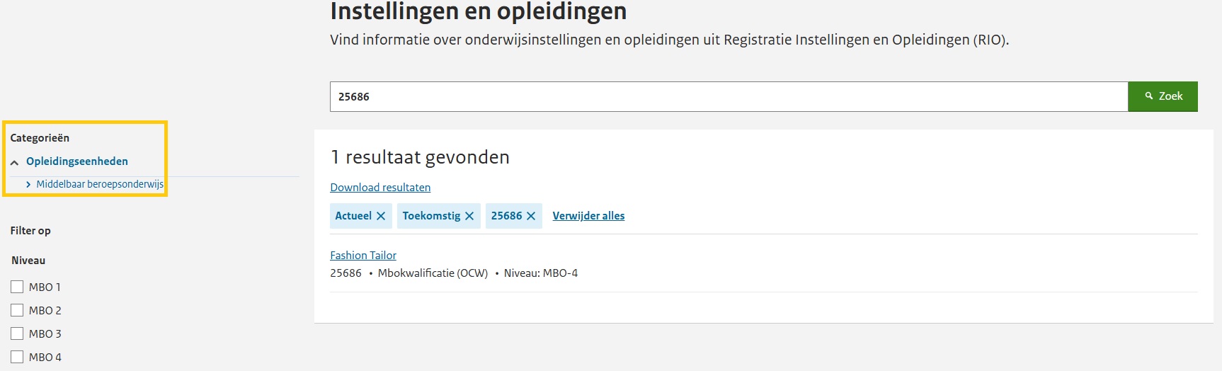 JPG Scherm zoeken erkende opleiding met filters MBO