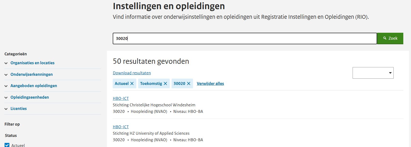 JPG Scherm zoeken erkende opleiding zonder filters HO