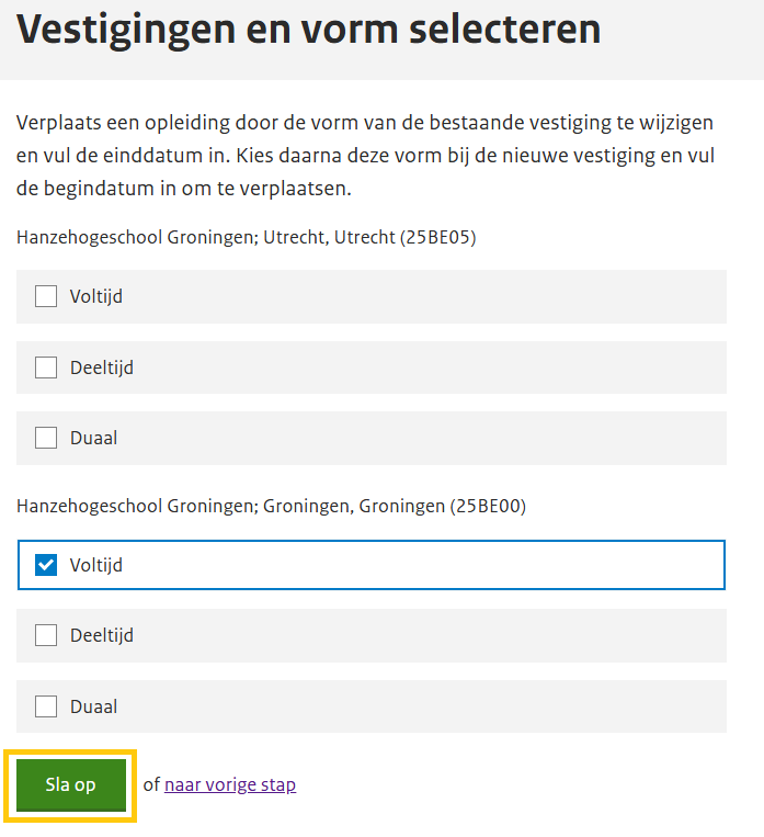 Stap 5 vestiging en vorm selecteren